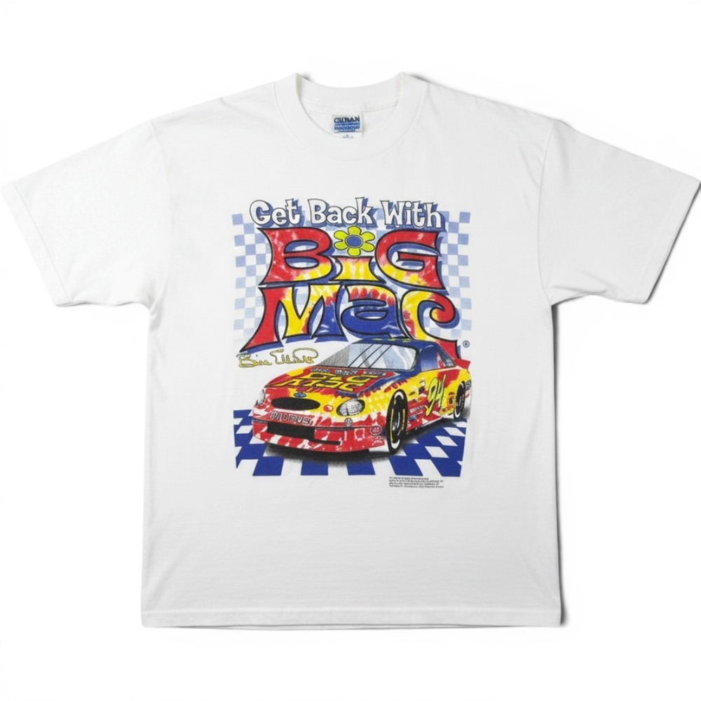 Vintage 1998 McDonalds Bill Elliott Big Mac NASCAR T-Shirt White Large 94 Ford